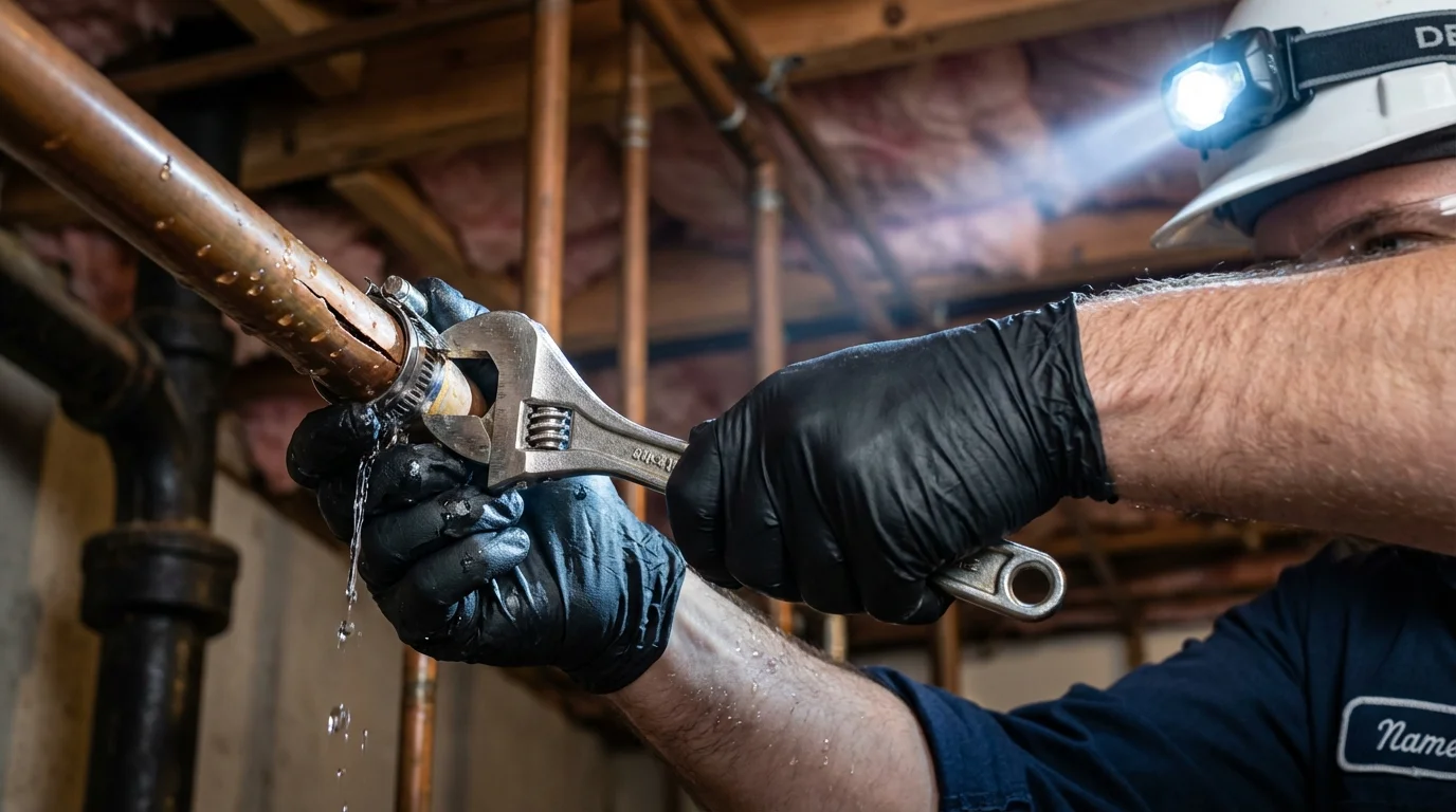 Emergency pipe clamp repair being performed by a Johns Plumbing LLC plumber in Pearisburg