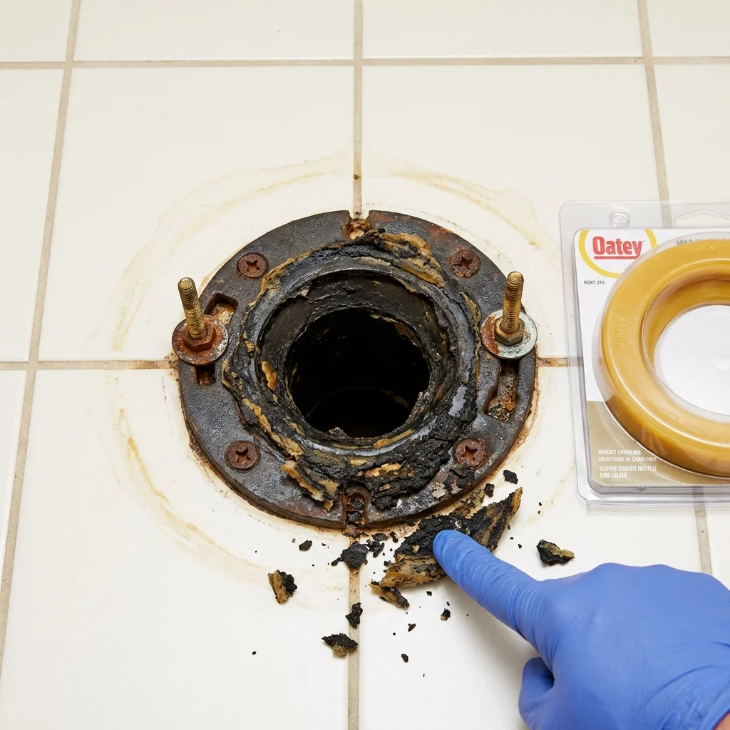 Failed wax ring showing water seepage at the base of a toilet in a Pearisburg, VA home