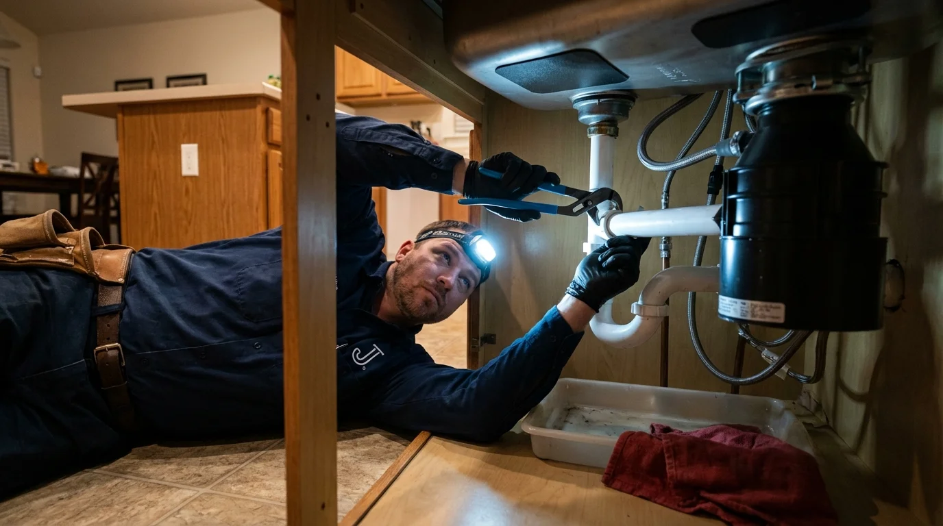 P-trap and supply line connections under a kitchen sink showing a common leak point in Pearisburg, VA